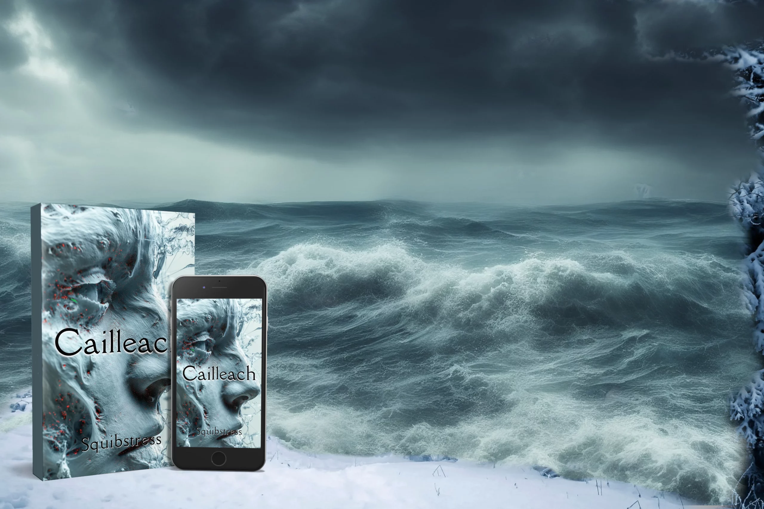 Paperback book and iPhone with book -- Cailleach -- against a stormy sea